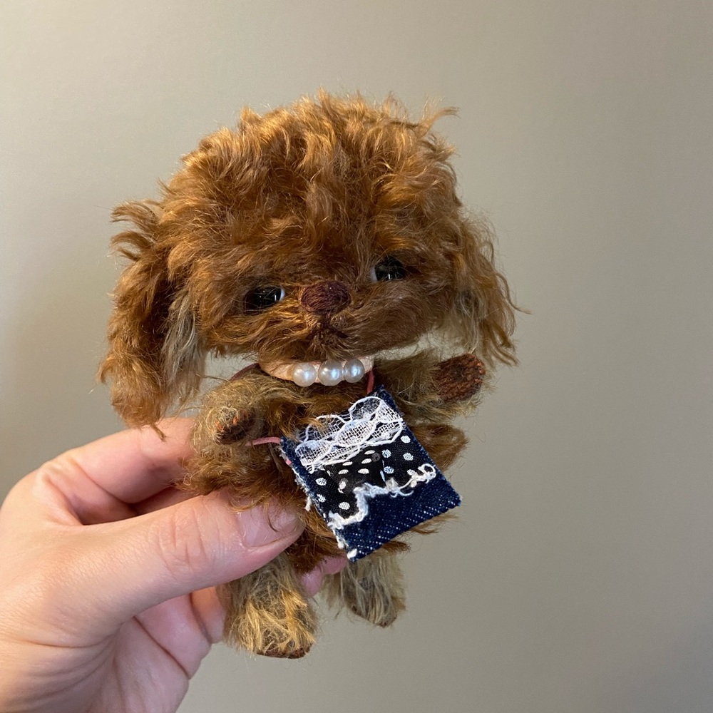 Handmade Mohair Limb Jointed Puppy, Brown, Fluffy Pup Hand Crafted Glass Eyes